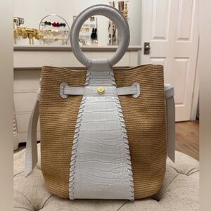 Pamela Munson Raffia Leather Handle Bag White Croc-Embossed Leather